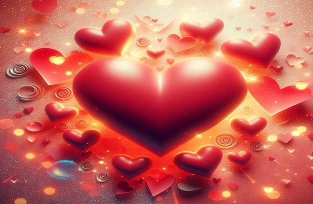 The red Heart shapes on abstract light glitter background