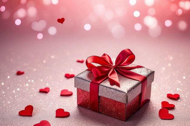 추상적인 빛의 반이는 배경에 은 심장 모양의 선물 상자 사랑의 개념에서 사랑스럽고 만적인 순간으로 발렌타인 데이