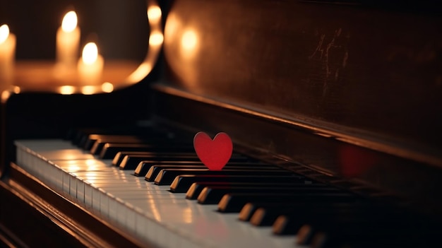 A red heart sits on a piano keyboard.