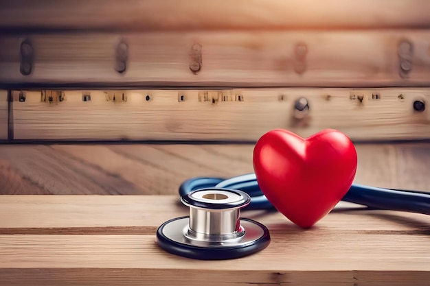 Красное сердце сидит на деревянном столе рядом со стетоскопом.