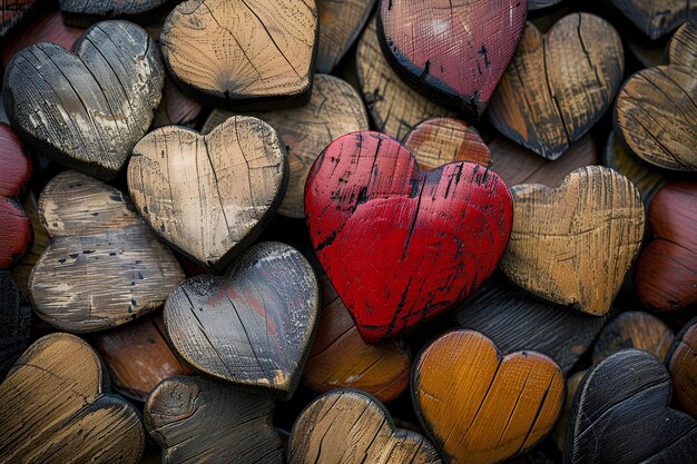 Photo a red heart sitting on top of a pile of wooden hearts