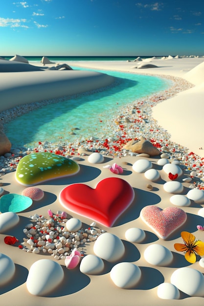 Red heart sitting on top of a sandy beach generative ai