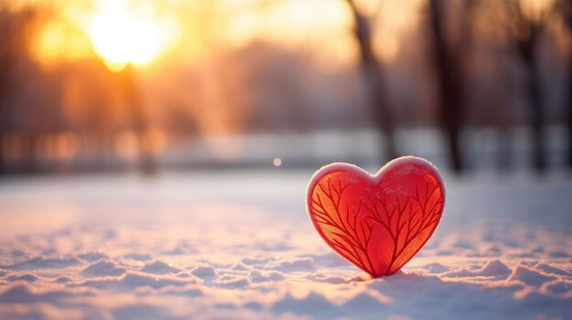 Foto cuore rosso nella neve contro il tramonto che simboleggia l'amore invernale