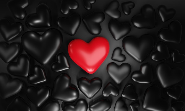 Red heart standing out from black heart background. Valentine Day theme, health, medicine and charity concept, 3d illustration