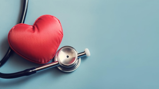 A red heart and a stethoscope on a blue background