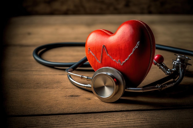 Red heart and stethoscope on a wooden table cardiovascular theory