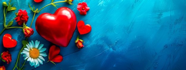 青い背景の赤いバラとデイジーに囲まれた赤い心臓