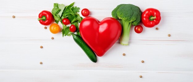 a red heart surrounded by vegetables on a white table