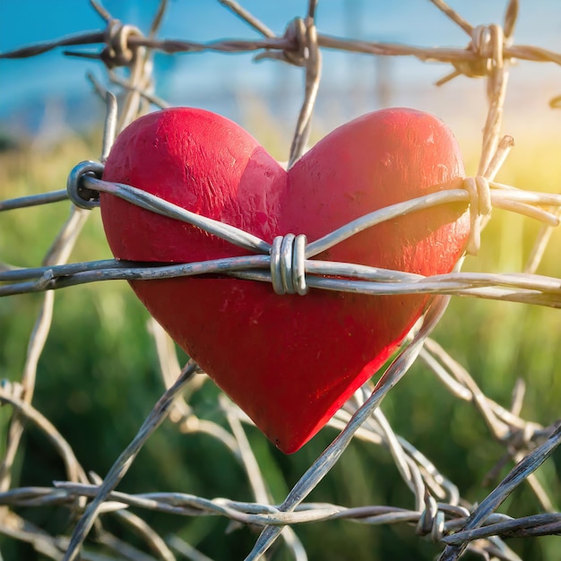 Foto simbolo del cuore rosso avvolto in una recinzione di filo spinato giorno di san valentino e concetto di amore