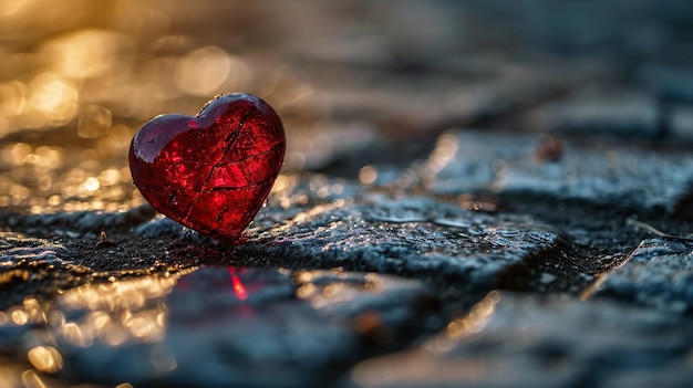 Red heart on the wet asphalt in the rays of the setting sun