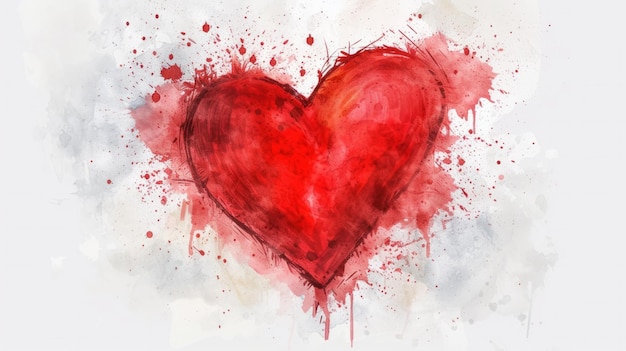 Red heart on white bg digital drawing in watercolor style