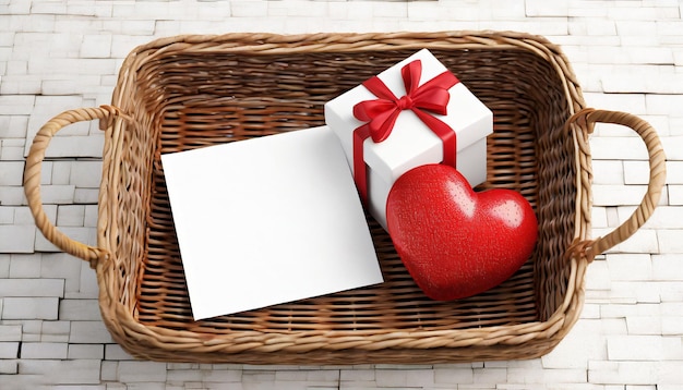 Foto casa regalo a cuore rosso e bianco carta bianca vuota su cesto di vimini concetto di compleanno o san valentino