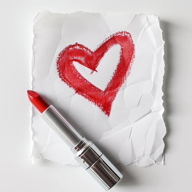 Red heart on white paper drawn with red lipstick