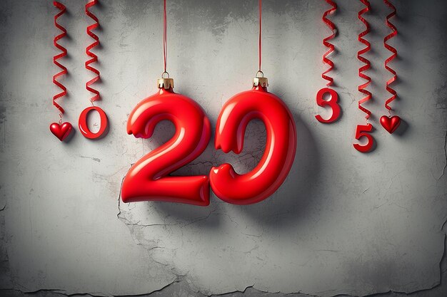 Photo red heart with 2025 number decoration hanging over wall grunge background happy new year concept