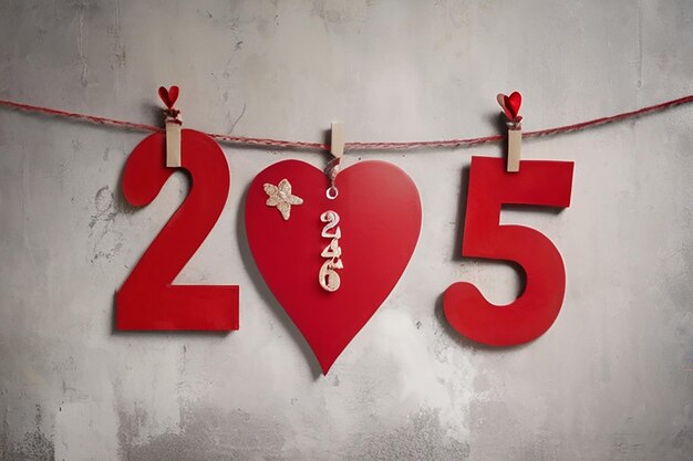 Foto cuore rosso con la decorazione del numero 2025 appeso sulla parete sullo sfondo grunge concetto di buon anno nuovo