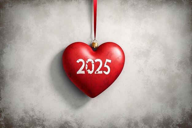 Photo red heart with 2025 number decoration hanging over wall grunge background happy new year concept
