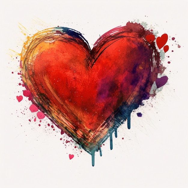 A red heart with a blue and red paint splatter on it.