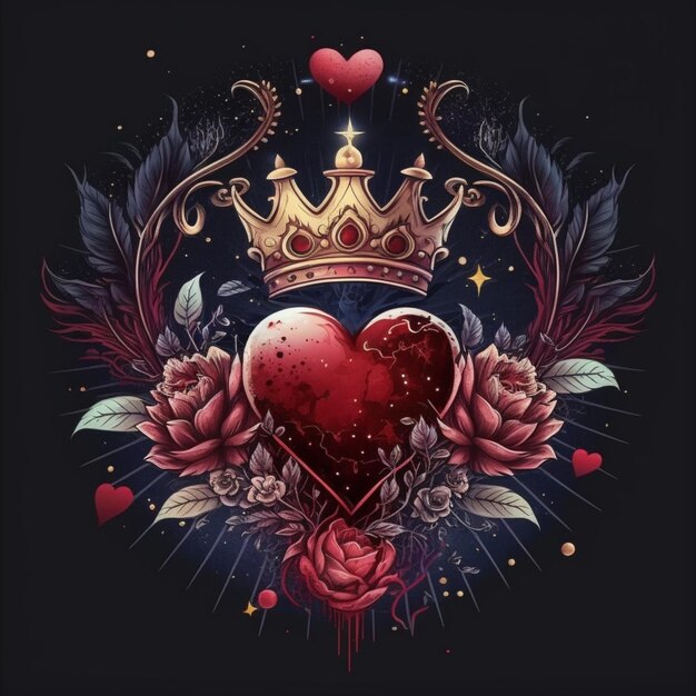 Photo a red heart with a crown surrounded by flowers and leaves generative ai