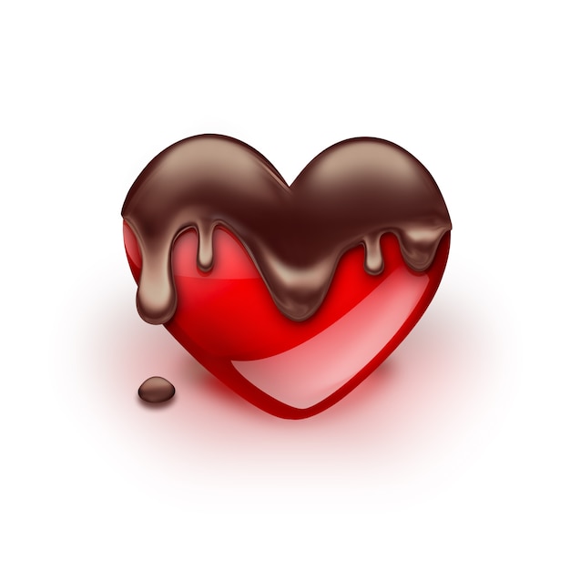 Red heart with dripping chocolate on white