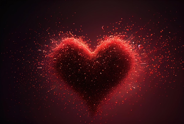 Red heart with dust particle disintegration effect on red background Generative AI