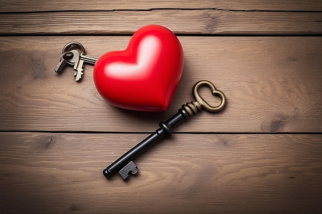 Photo red heart with key on wood table background