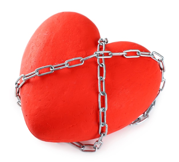 Red heart with metal chain isolated on white