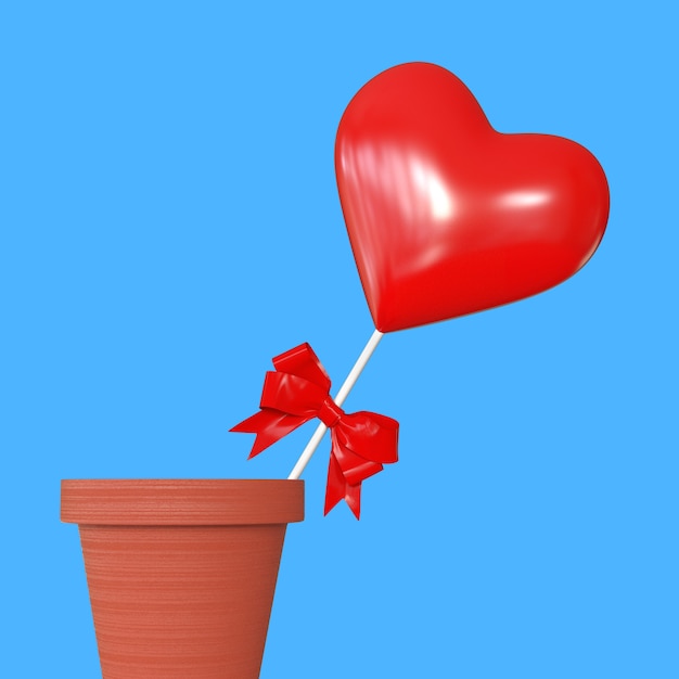 Red Heart with Red Ribbon in Flowers Pot on a blue background. 3d Rendering