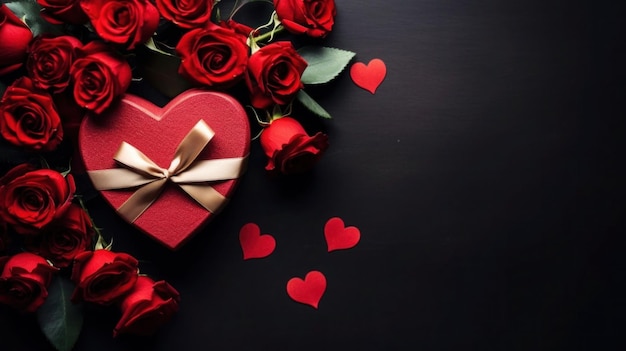 red heart with red roses and a red gift box on black background