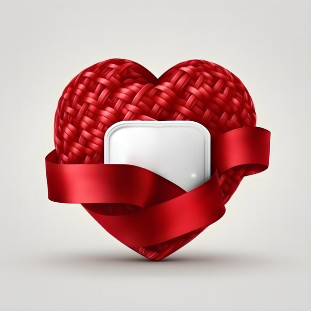 A red heart with a ribbon around it and a white square in the middle.