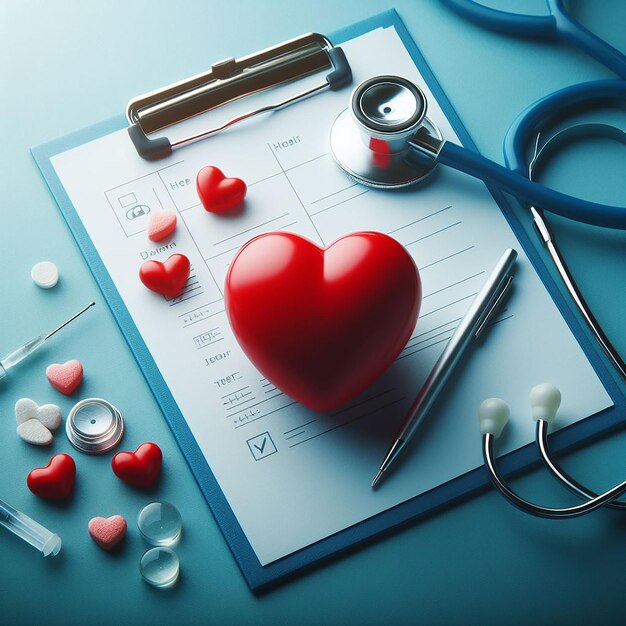 Red heart with stethoscope on blue background World Health Day