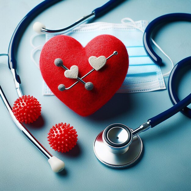 Red heart with stethoscope on blue background World Health Day
