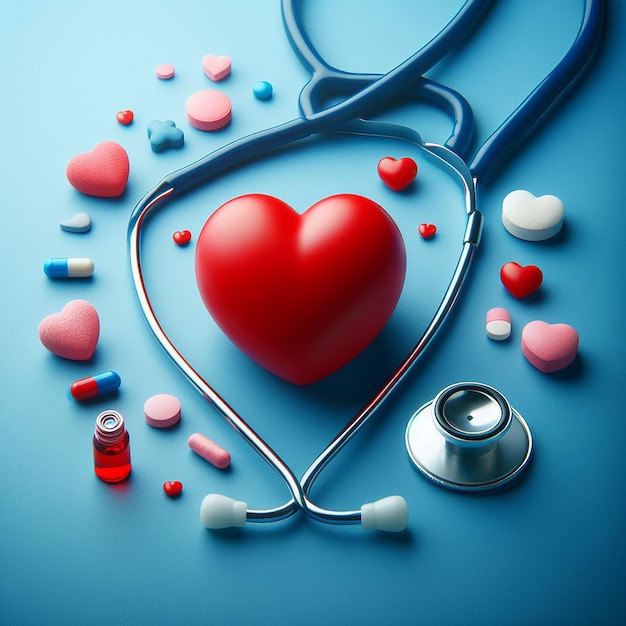 Photo red heart with stethoscope on blue background world health day