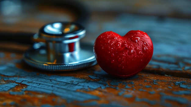 Red heart with stethoscope on blue background world health day