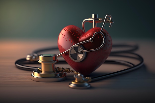 Красное сердце со стетоскопом на нем и стетоскоп сбоку.