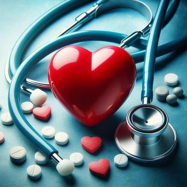 사진 파란색 배경 에 스테토스코프 가 있는 은 심장 세계 건강 날