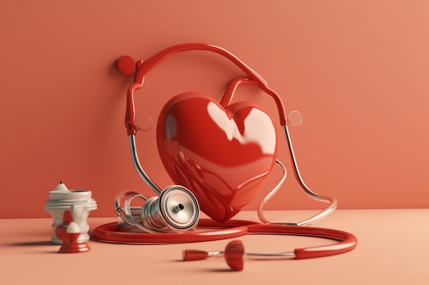 A red heart with a stethoscope in trending color palette with Generative AI