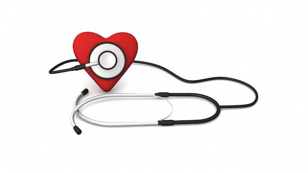 Foto cuore rosso con lo stetoscopio su sfondo bianco. rendering 3d