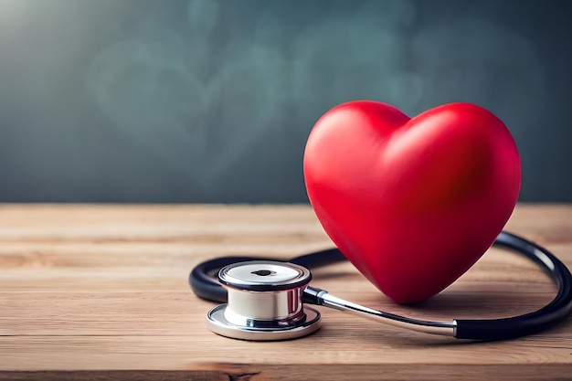 a red heart with a stethoscope on a wooden table