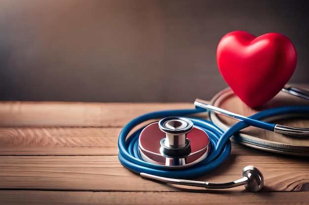 A red heart with a stethoscope on a wooden table