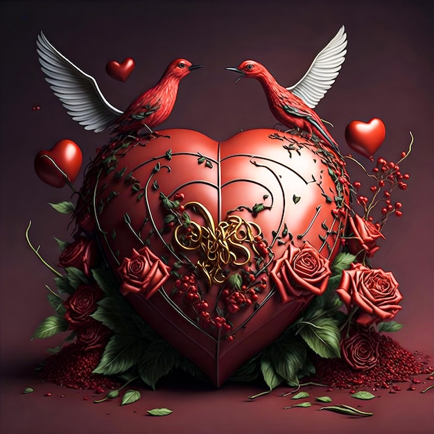 A red heart with two birds on it valentines day