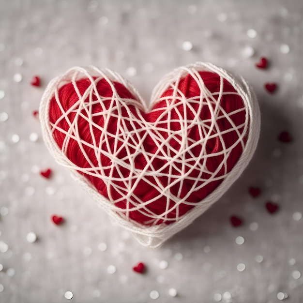 白い背景の白い糸で赤いハート バレンタインデー