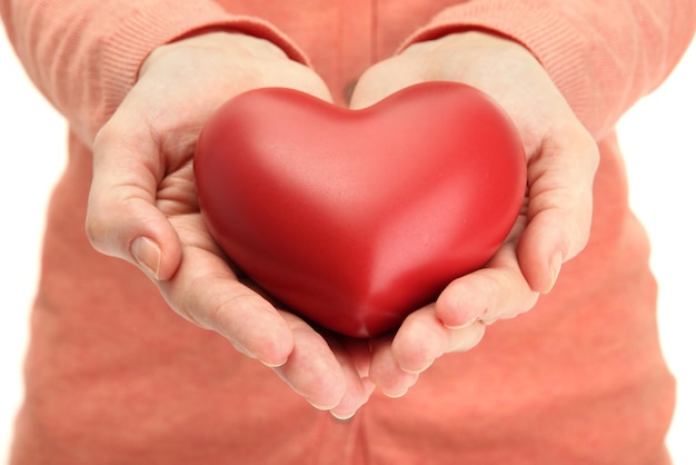 Red heart in woman hands, close up