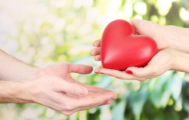 Red heart in woman and man hands, on green background