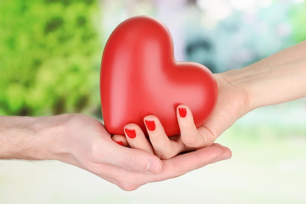 Red heart in woman and man hands, on green background