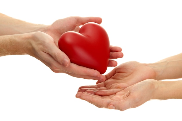 Red heart in woman and man hands, isolated on white