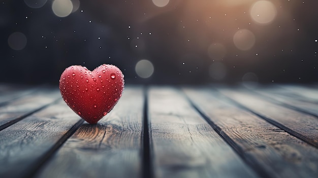 Red heart on wooden floor bokeh background concept of love and passion Generative AI