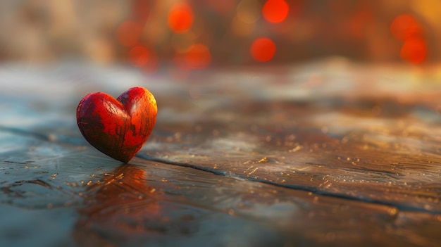 Red Heart on Wooden Surface with Bokeh Lights