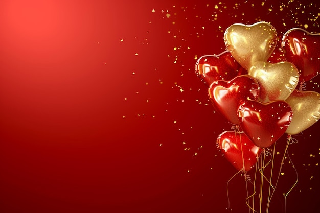 Photo red hearts balloons and ribbon background with bokeh