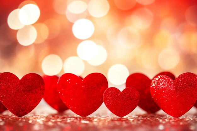 Красные сердца на размытом фоне с романтической концепцией Дня святого Валентина
