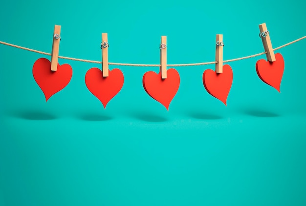 red hearts caught with clothespins on a clothesline, on a cyan background